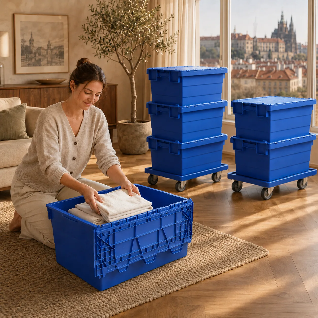Reusable blue Old Town Totes moving boxes stacked on dollies in a bright Prague apartment while a woman packs, with Prague Castle through the window
